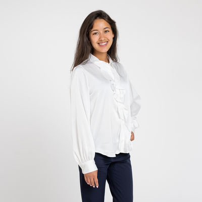 Women's White Ruffle Front Blouse