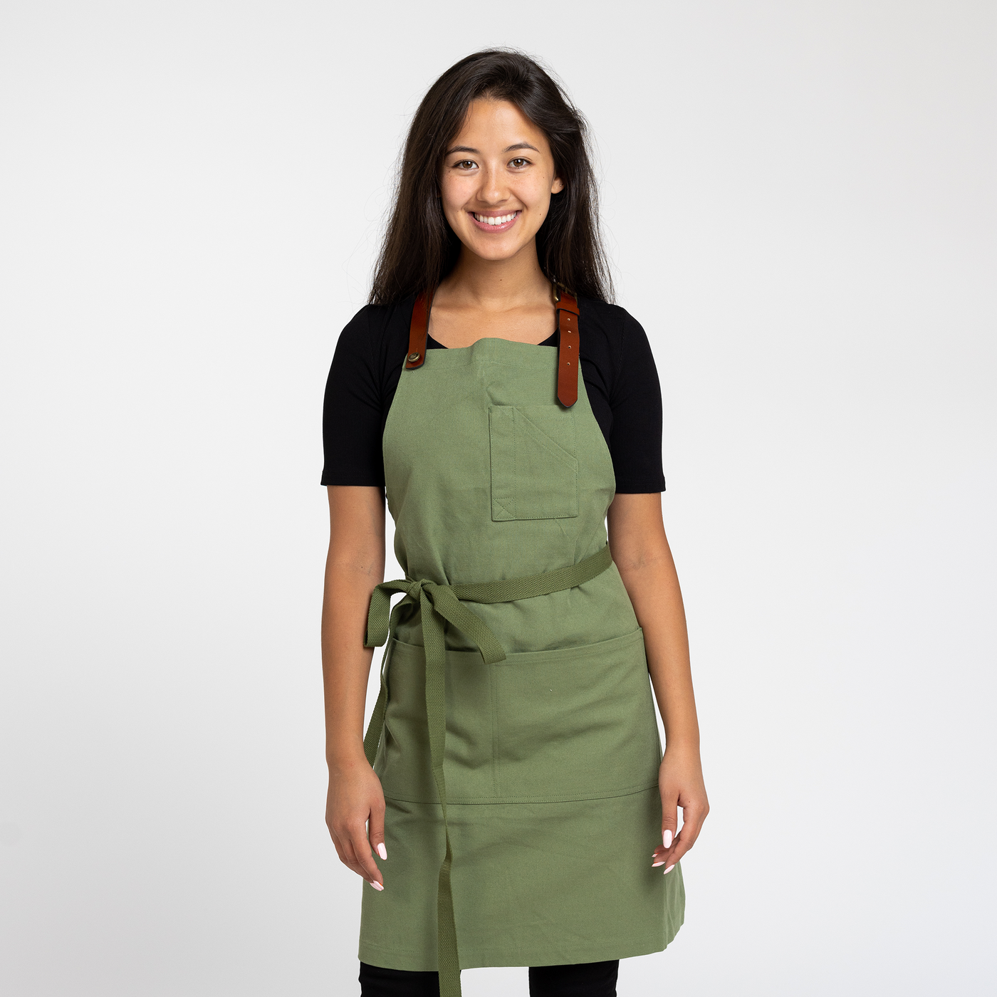 Army Green Canvas Bib Apron with Leather Strap