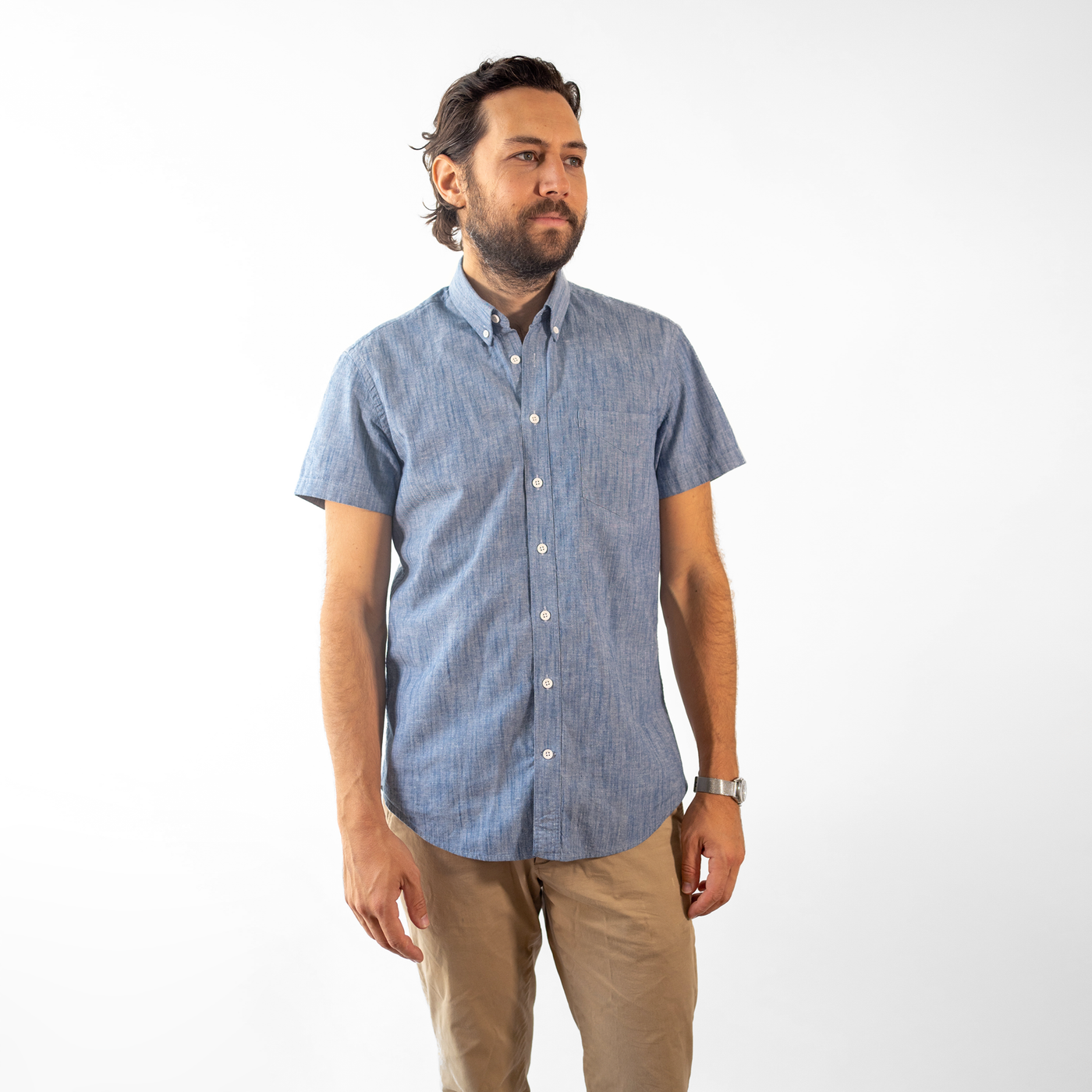 Men's Short Sleeve Blue Stretch Service Chambray