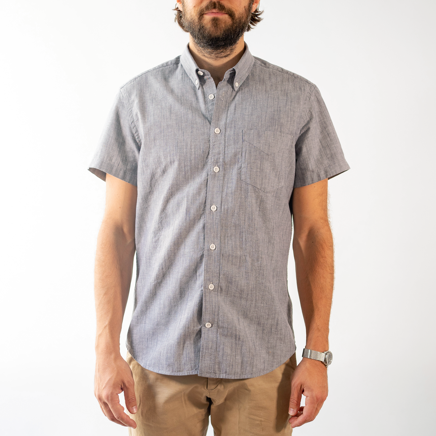 Men's Short Sleeve Gray Stretch Service Chambray