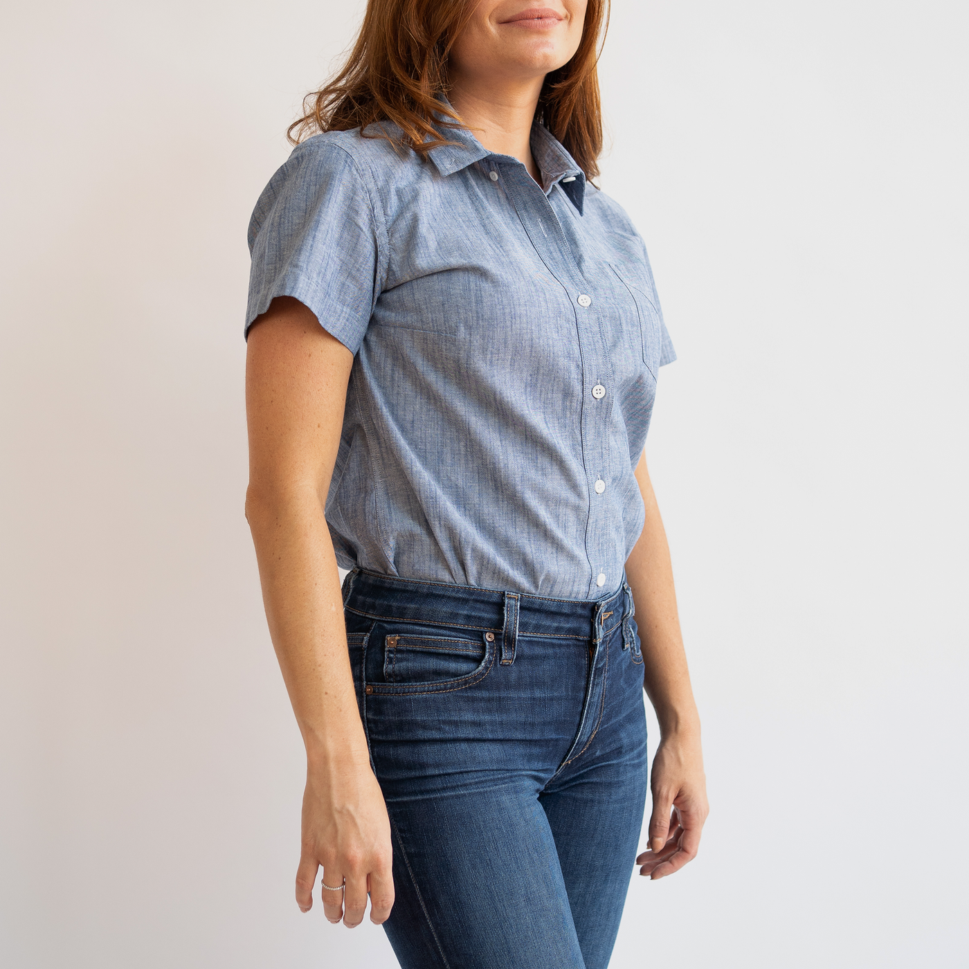 Women's Short Sleeve Blue Stretch Service Chambray