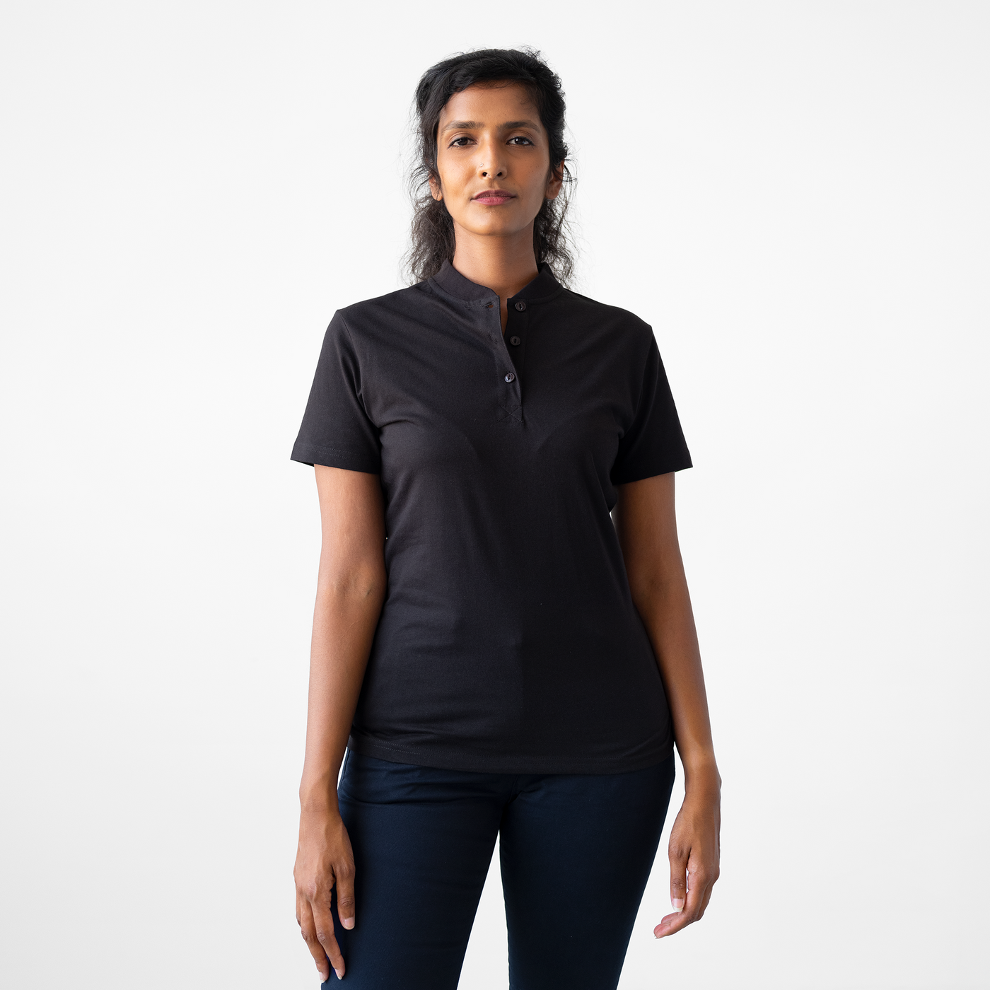 Women's Black Short Sleeve Henley