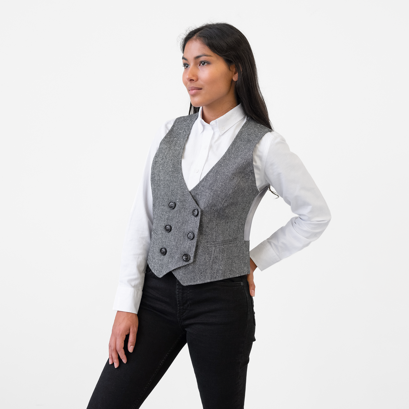 Women's Double Breasted Charcoal Tweed Vest